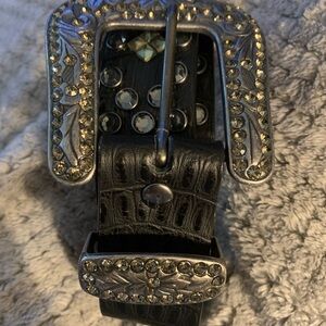 Embellished Black & Silver Rhinestone & Turquoise Women’ Genuine Leather Belt